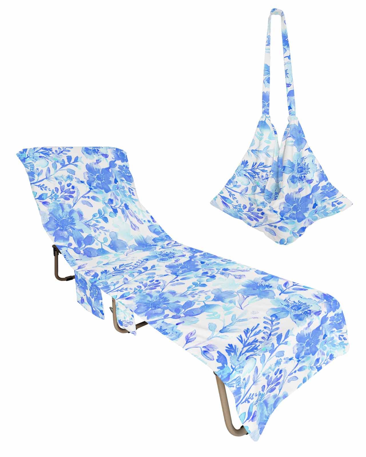 Watercolor Flower Beach Chair Cover with Side Pockets, Microfiber & Quick Dry Pool Chaise Lounge Chair Towels Covers for Sun Sunbathing Patio Garden Hotel, Oriental Chinese Ink Blue Floral Leaves