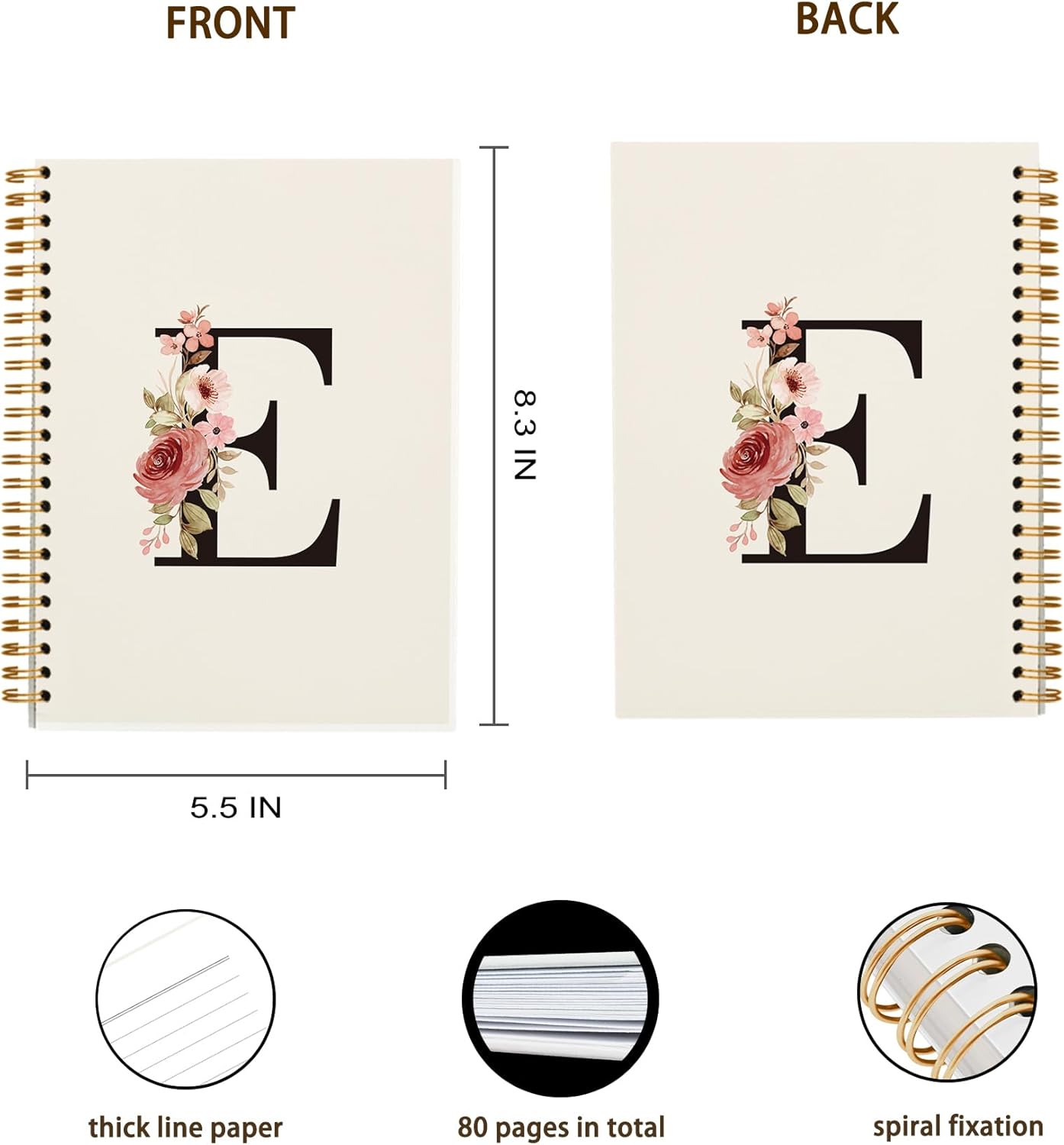 OXW Personalized Initial E Notebook, Monogrammed Gifts for Women Teen Girls Kids Coworkers Birthday, Customized Gifts, Personalized Cute Girly Gifts Custom Notebook Journal for Work Office(5.5'' X 8.3'') - Image 4