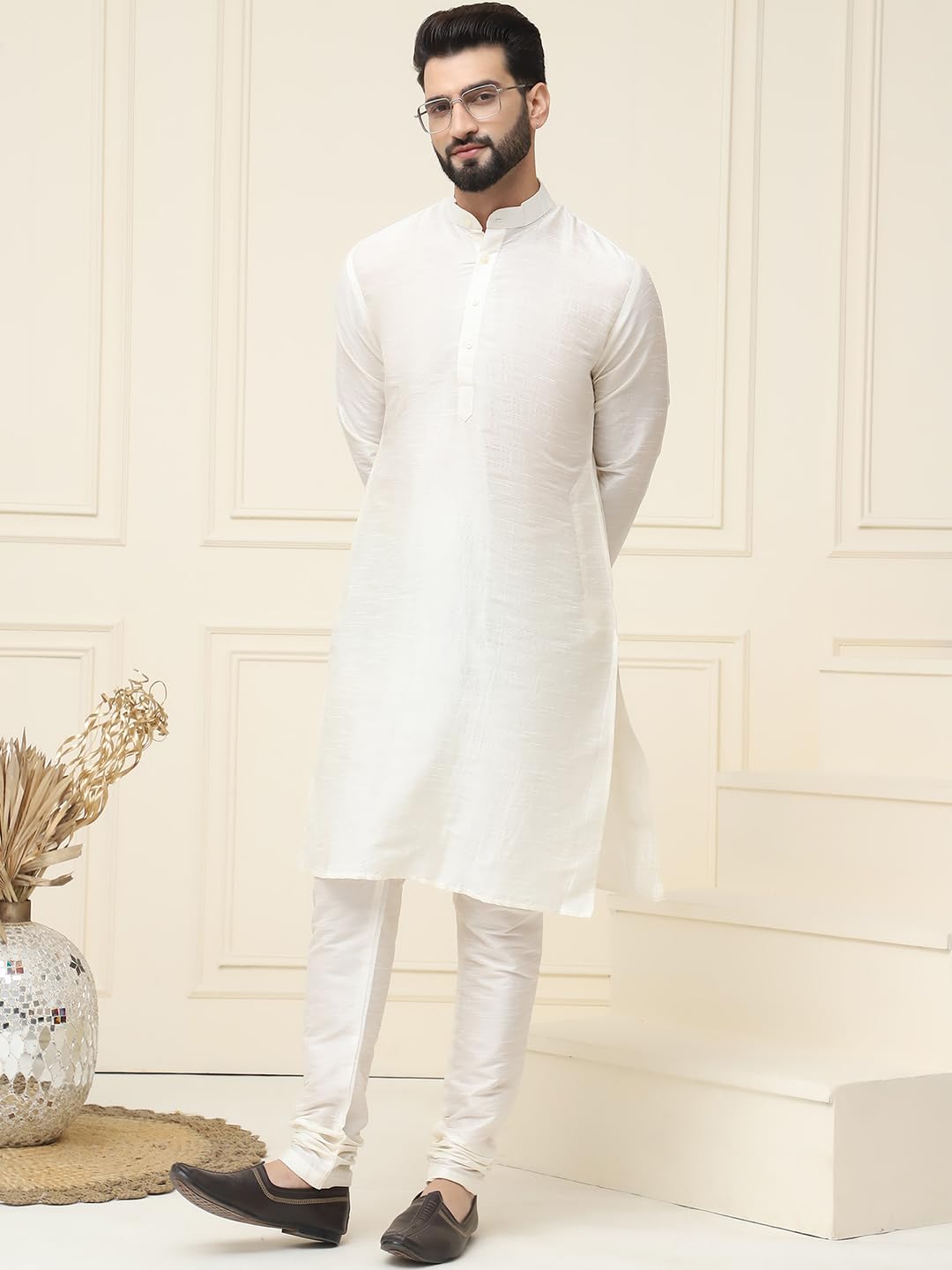 Sojanya (Since 1958 Men's Cream Dupion Silk Kurta & Churidaar Pyjama