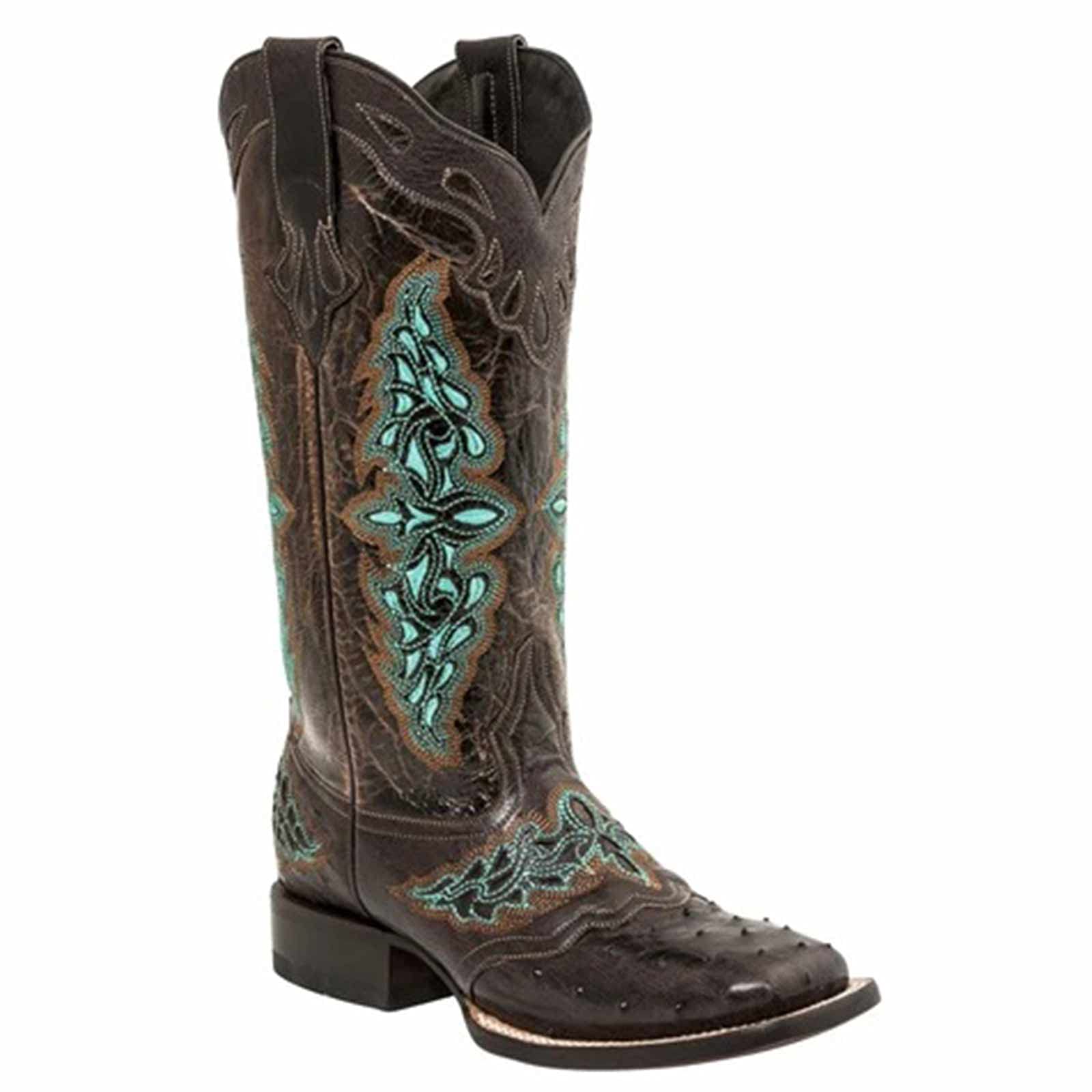 Stivali Western da Donna, Stivali da Equitazione Vintage con Tacco Grosso Cowgirl Cowboy a metà Polpaccio con Punta Quadrata in Pelle Ricamata