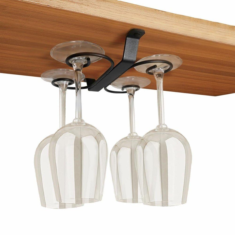 Fjlitx 2 Pcs Hanging Wine Glass Rack, Iron Wine Glass Drying Rack, Under Cabinet Wine Holder, Holds 4 Glasses, Black, Stylish Roll Design