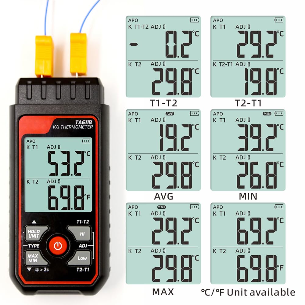 Thermocouple Thermometer HVAC Temperature Meter, Digital Temperature Thermometer With 4 K Type Thermocouple, Dual Channel Temperature Gauge With Alarm & ADJ Compensation (-328~2500