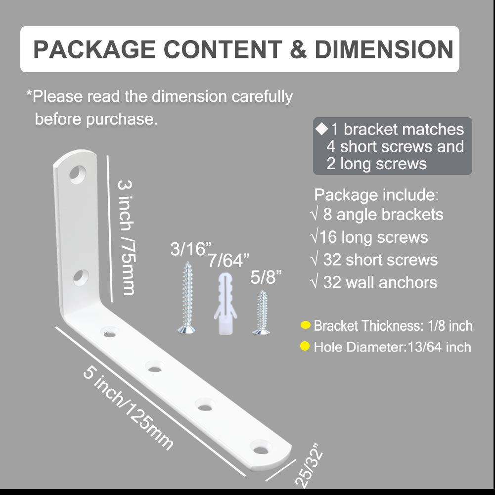 Shelf Brackets 8pcs Corner Brace White Steel L Brackets for Shelves 5 Inch x 3 Inch Decorative