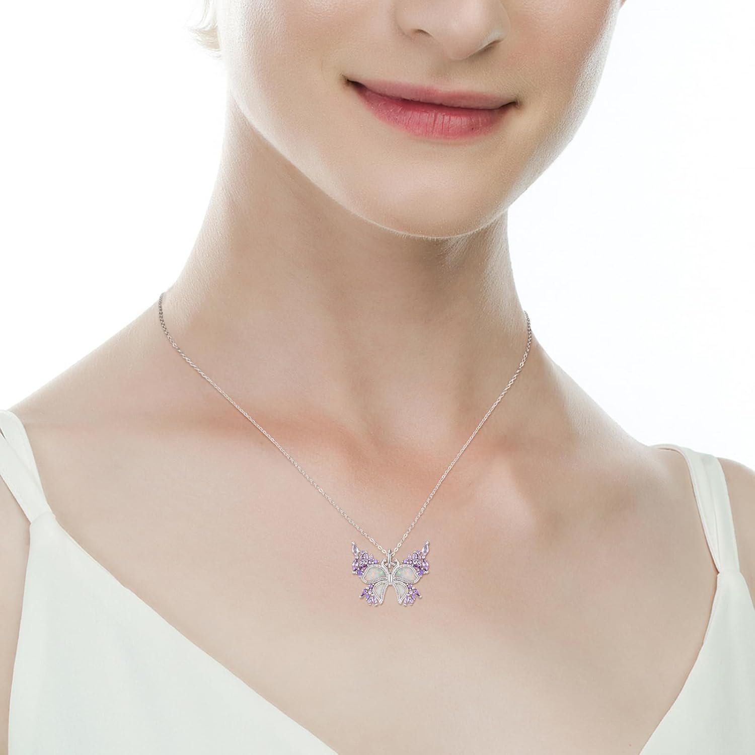 Butterfly Necklace 925 Sterling Silver Opal Necklaces for Women Pretty Purple Butterfly Pendant Jewelry Gifts for Her Girls - Image 3