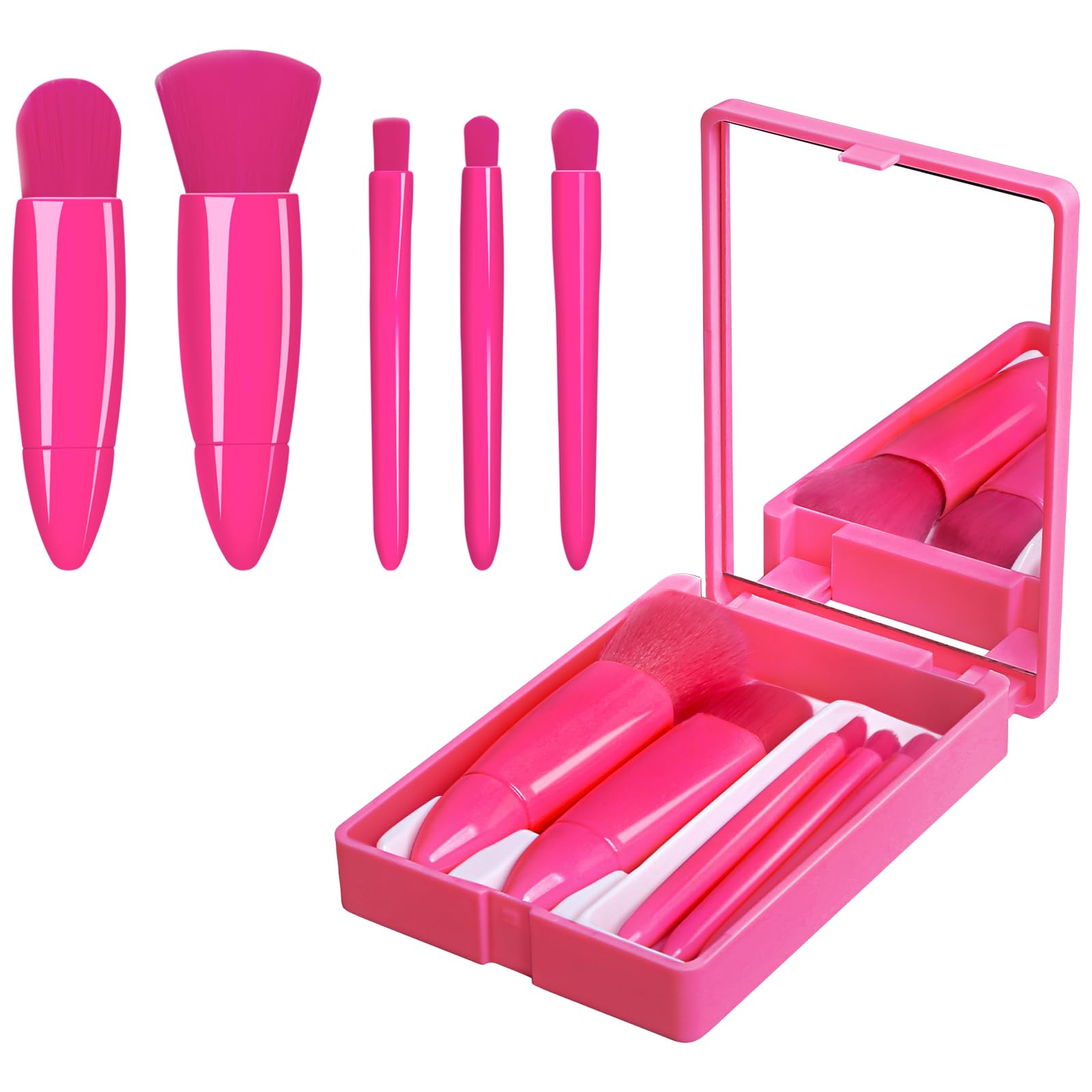 Travel Makeup Brush Set, Portable 5 PCS Mini Makeup Brushes with Mirror, Easy-taken Makeup Tool Set for Eyeshadow Contour