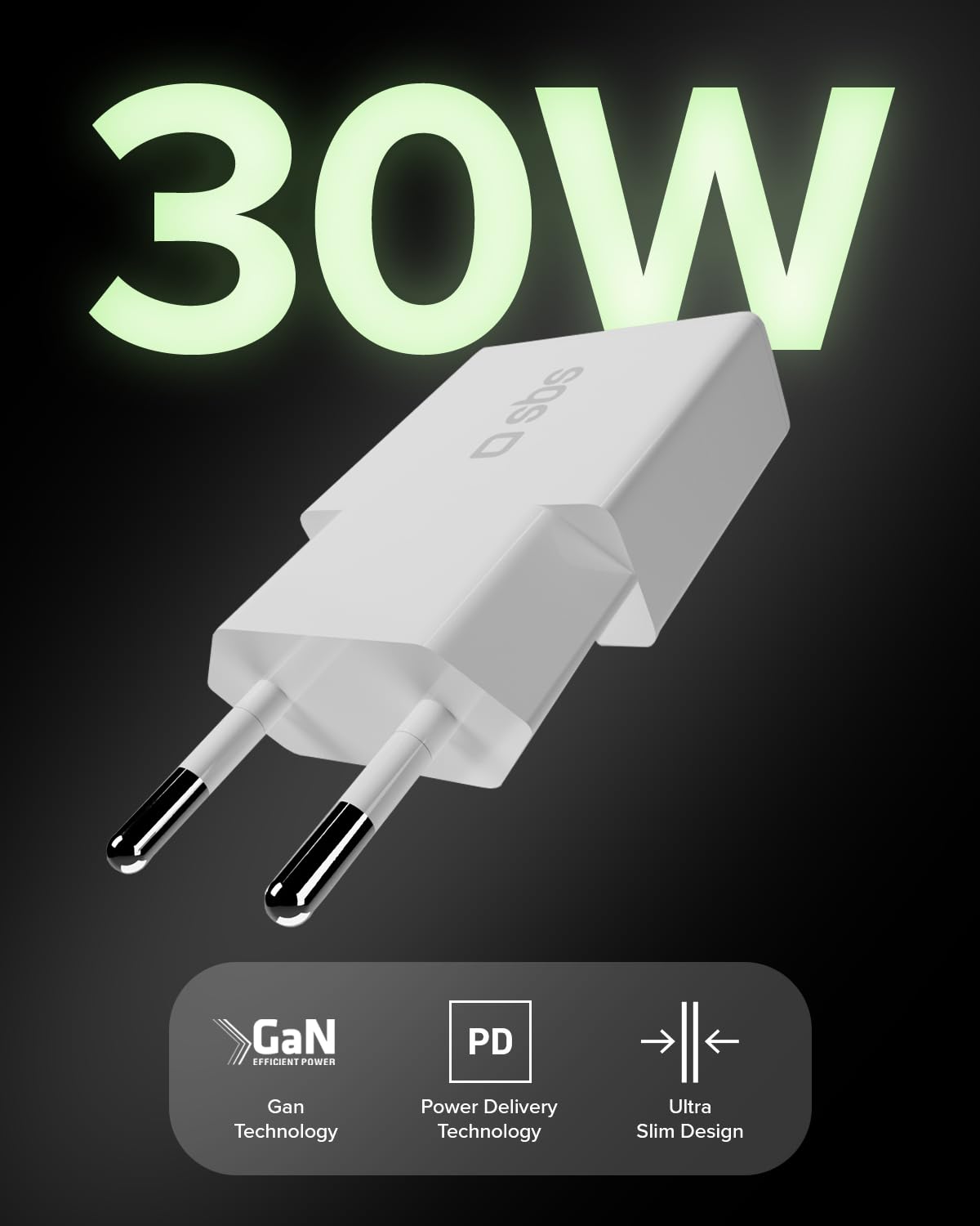 SBS Extra Slim GaN Charger 30W USB-C, GaN Technology, Power Delivery (PD 3.0 PPS), Szybkie ładowanie, ładowarka do iPhone'a, Androida, Tabletu i MacBooka Neo, Kompaktowy, Szary