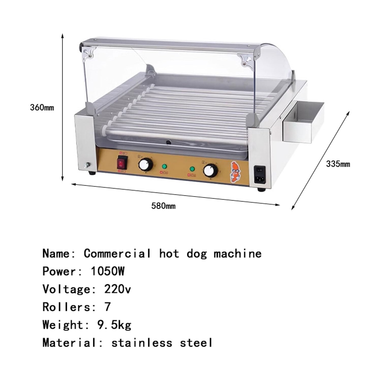 Rouleau À Hot-Dog Commercial, Machine À Griller Les Saucisses Électrique en Acier Inoxydable 1050 W avec Interrupteur Indépendant, Réglage 50-200 ℃, Couvercle Anti-poussière Amovible