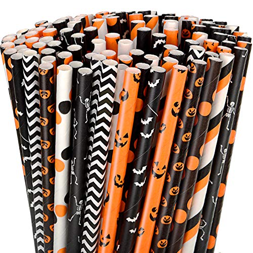 200 Pieces Halloween Paper Straws Pumpkin Bat Spider Web Skeleton Pattern Straws Black Orange Paper Drinking Straws For Halloween Party Supplies (Color Set 1) #TOP5