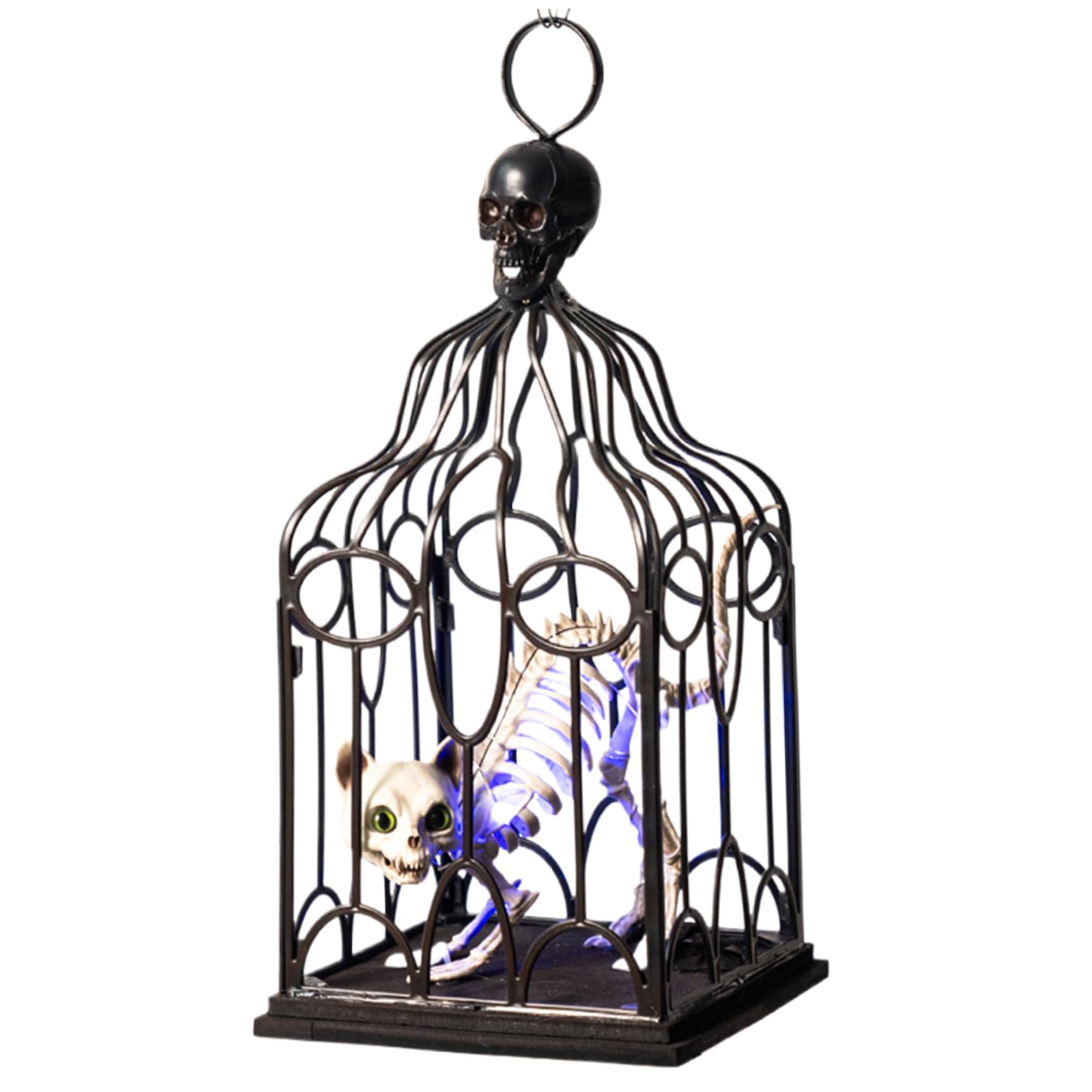 Monwssoe Halloween Decor, Halloween Light Up Decorations Skeleton with Cat Skull, Scary Cage Animatronics Spooky Hanging Decor for Haunted House