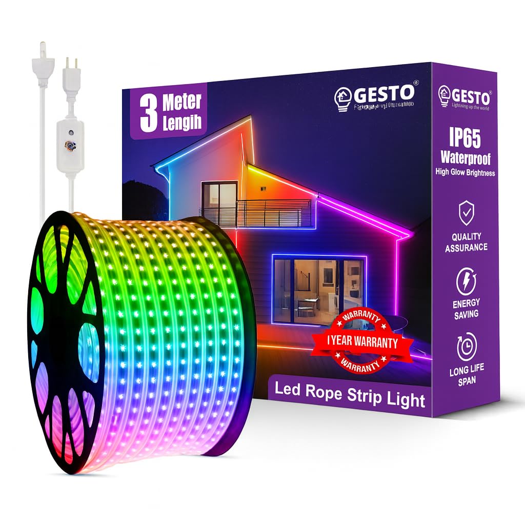 Gesto 3 Meter Rope Led Strip Lights โ High Brightness Outdoor Lights Waterproof for Balcony,Home Decor,False Ceiling | RGB Strip Light for Diwali Decoration with Mode Change Controller (Multicolor)