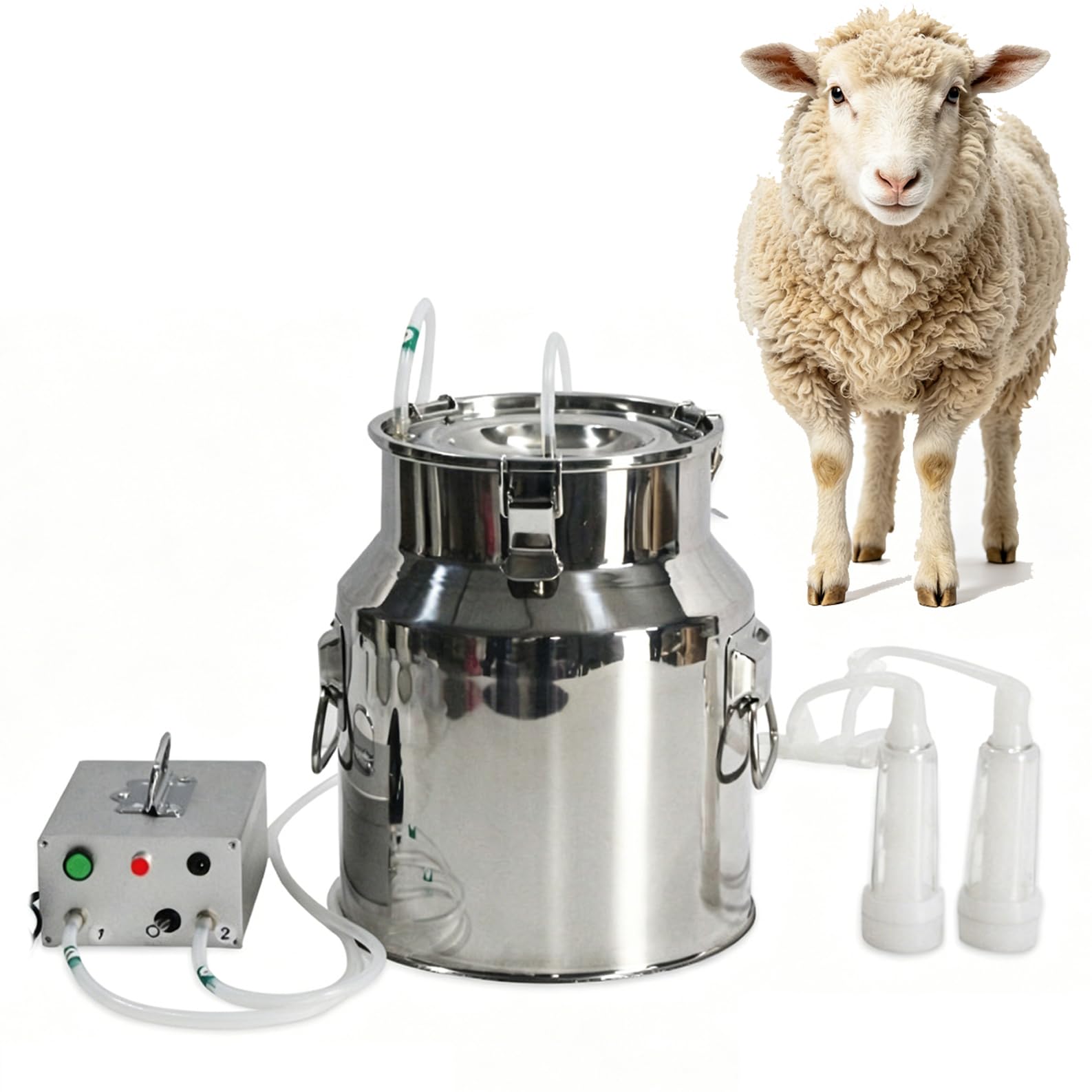 WHOOLEFUN 14L Electric Milking Machine, Pulse Sheep Goat Milker with Vacuum Pump and Stainless Steel Bucket, Full Milk Self-stop, for Livestock Home Farm Dairy