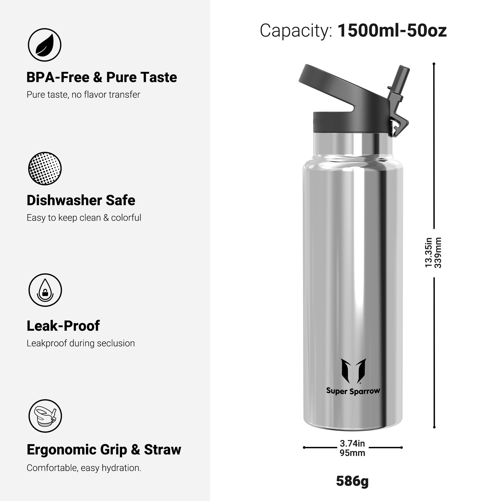 Super Sparrow Borraccia Termica - 500ml, 750ml, 1000ml, 1.2L, 1.5L- SwivelSip Inox Bottiglia - Senza BPA Borracce Termiche, Borraccia Ergonomica per Bambini, Sportiva, Bici, Campeggio, Palestra - 4