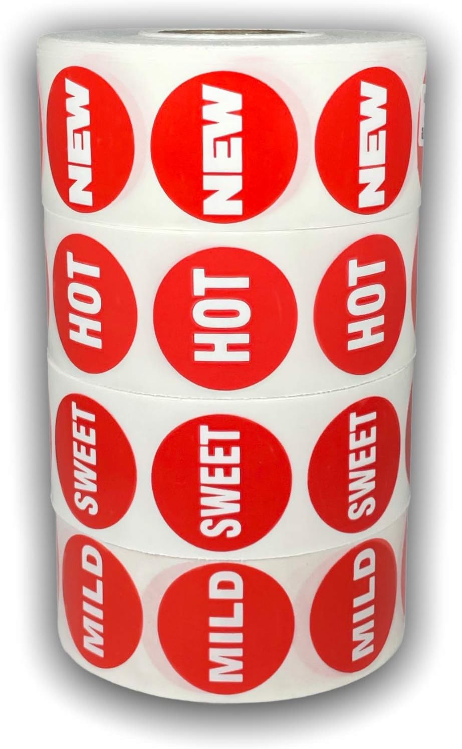 4 Rolls Total - 1 Roll Each of Hot Mild Sweet and New Food Packaging Labels Red 1 1/8" Round Adhesive Stickers 1000/Roll, 4000 Total
