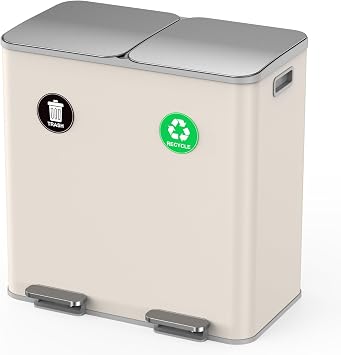 Lovewind Dual Trash and Recycling Bins for Kitchen, 2 * 11-Gallon Stainless Steel Double Trash Can, Step-On Garbage and Recycle Combo, Quiet Close, Pet-Proof, Compatible with 13-Gallon Bags, Apricot