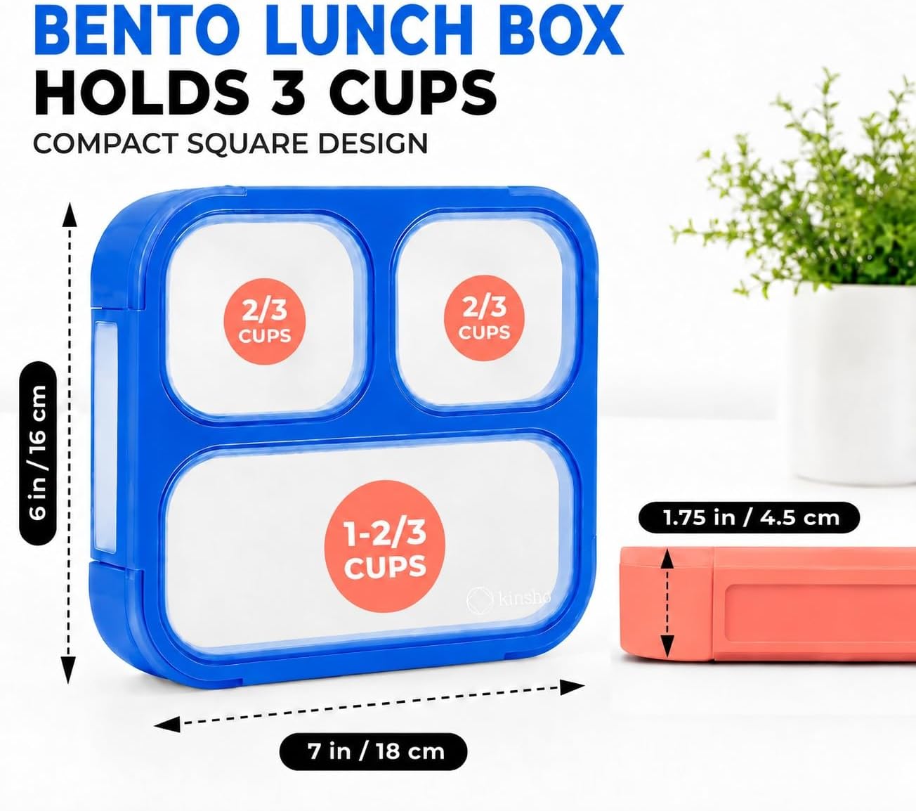 kinsho Bento Boxes for Kids, Lunch Box Set For Boys Girls Toddlers, Leak Proof 3 Compartment Meal or Snack Containers Perfect for School Travel Work, BPA Free. Blue Orange 2 Pack Medium - Small image 2