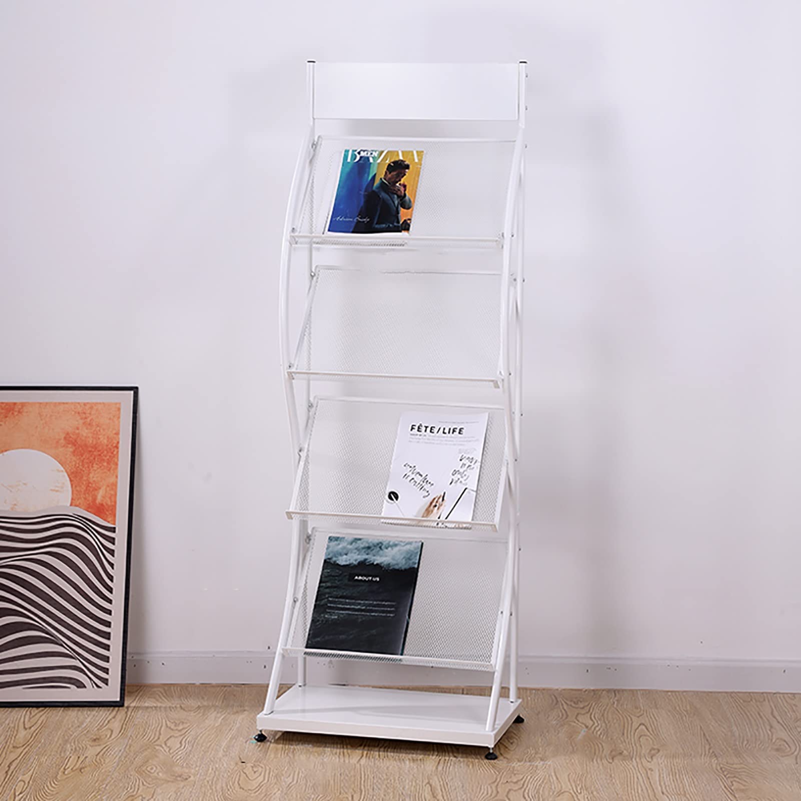 Portariviste da pavimento con 4 tasche, grande scaffale per brochure, espositore in metallo, organizer per documenti di giornali, per soggiorno e ufficio