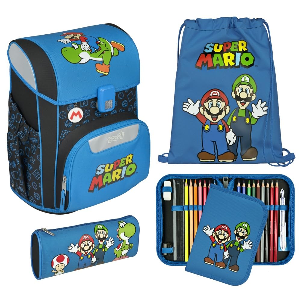 Scooli Schulranzen 1.Klasse Jungen EasyStart Schulranzen-Set geeignet für Super Mario-Fans (12tlg.mit Sporttasche Brotdose Trinkflasche Lernuhr Stifteköcher passend Platzdeckchen Schultüte)