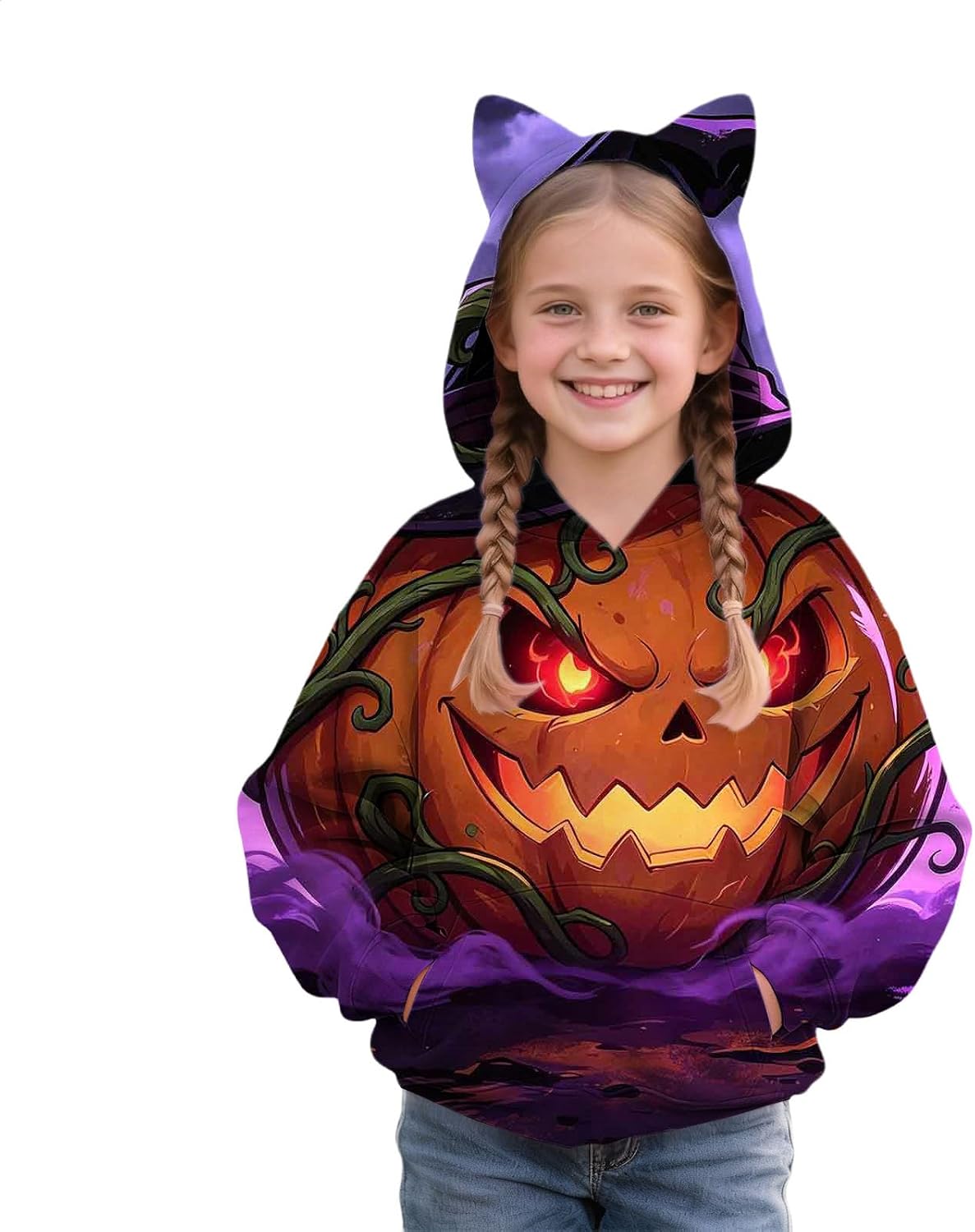 Oversized Hoodie for Girls Cute Graphic Cat Ear Halloween Hooded Pullover Casual Comfy Long Sleeve Crew Neck Athletic