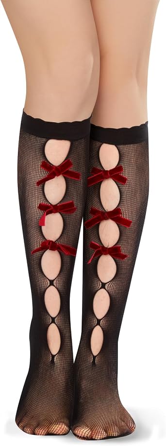 Benefeet Sox Women Fishnet Knee High Socks Black White Girls Mesh Lace Knee High Stockings with Bow Cute Lolita Stocking
