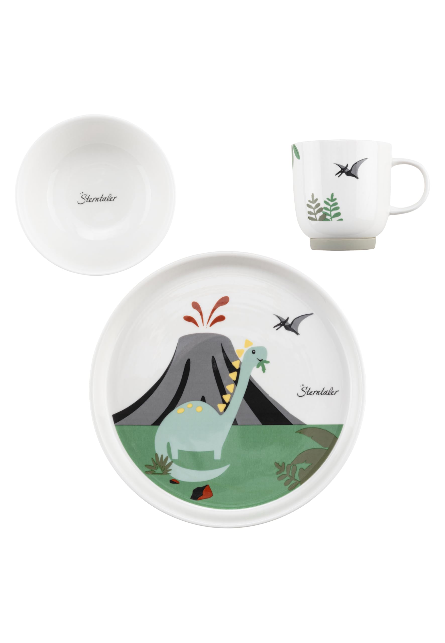 Sterntaler Geschirrset aus Porzellan Dino Rexi - Geschirr Set mit rutschfestem und abnehmbarem Silikonsockel - Baby und Kindergeschirr mit Teller, 400 ml Schüssel und 200 ml Tasse, weiß