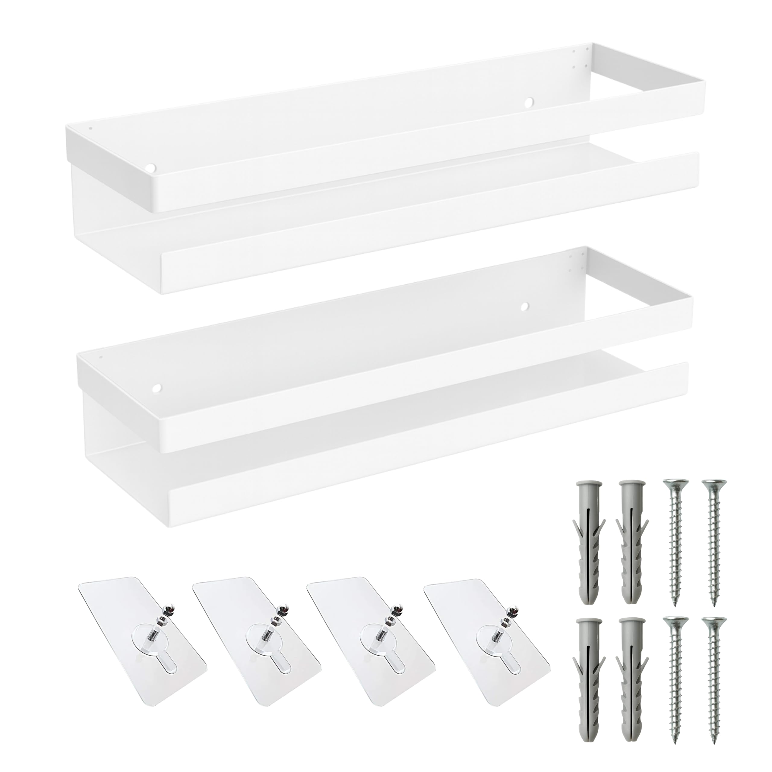 Stellozi™ Metal Wall Mounted Shelf Set of 2 with Self Adhesive Screws | Bathroom Shelf | Kitchen Shelf Storage Rack Wall Mount | Floating Shelf for Wall Self Adhesive (White Metal Shelf)