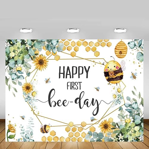 Miniatura 5 de MEHOFOND Telón de fondo para el primer día de las abejas con texto en inglés Happy First Bee-Day para fiesta de cumpleaños de niño y niña, panal,
