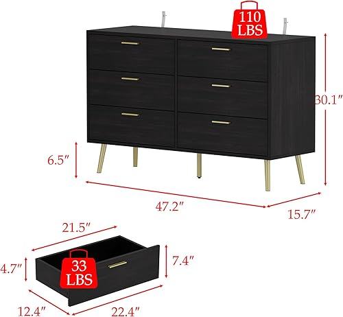Miniatura 2 de Hitow Cómoda de 6 cajones para dormitorio, cómoda moderna y ancha doble con patas de metal, cómoda de almacenamiento para oficina en casa, cómoda