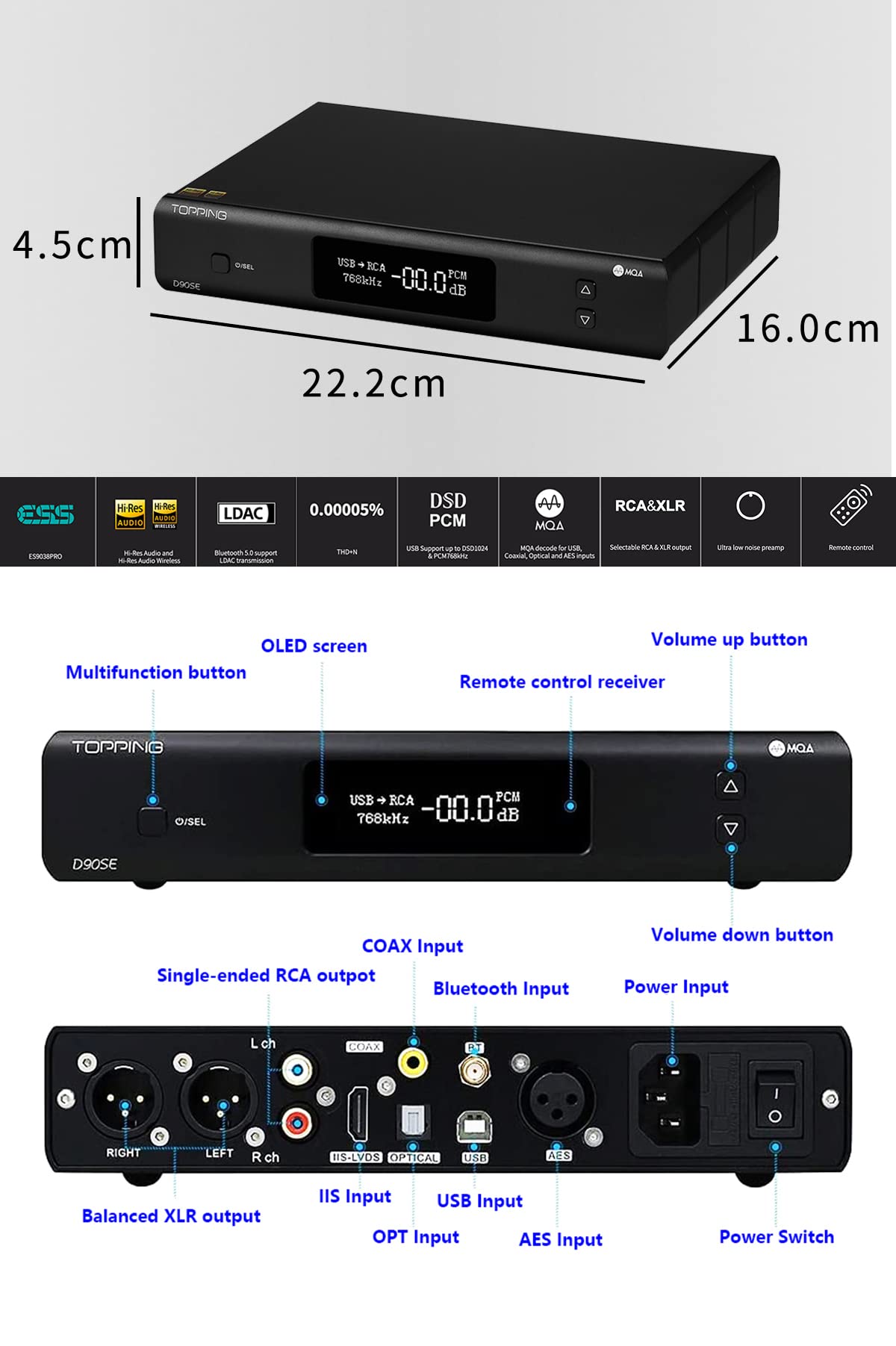 Topping D90SE MQA Full Balance HiFi DAC Bluetooth 5.0 ES9038PRO