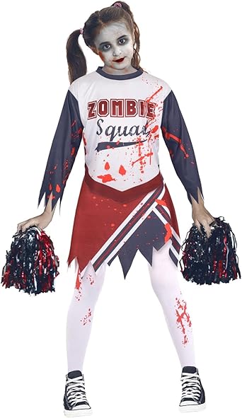 Cheerleader Zombie Bambina, Sanguinoso Costume Cheerleader Halloween, Vestito Zombie Bambina Con Pom Poms Fascia Da Capelli Calzini Cicatrici Tatuaggio Sangue Falso, Cheer-leader Zom-bie Per Party - Foto 10