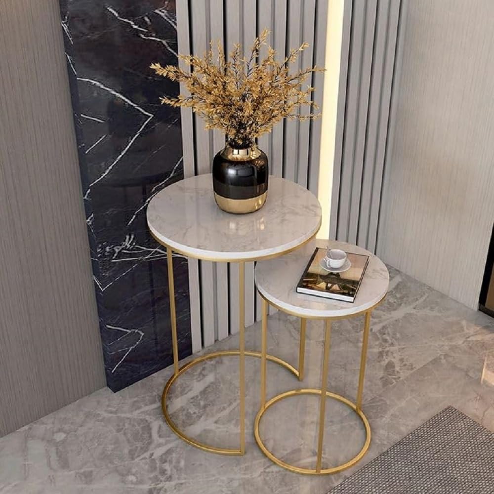 Dime Arts Shoppee Round Nesting Table Simple Modern Small Round Table MDF Top Metal Table Living Room Sofa Set of 2 (Golden White)-image-11