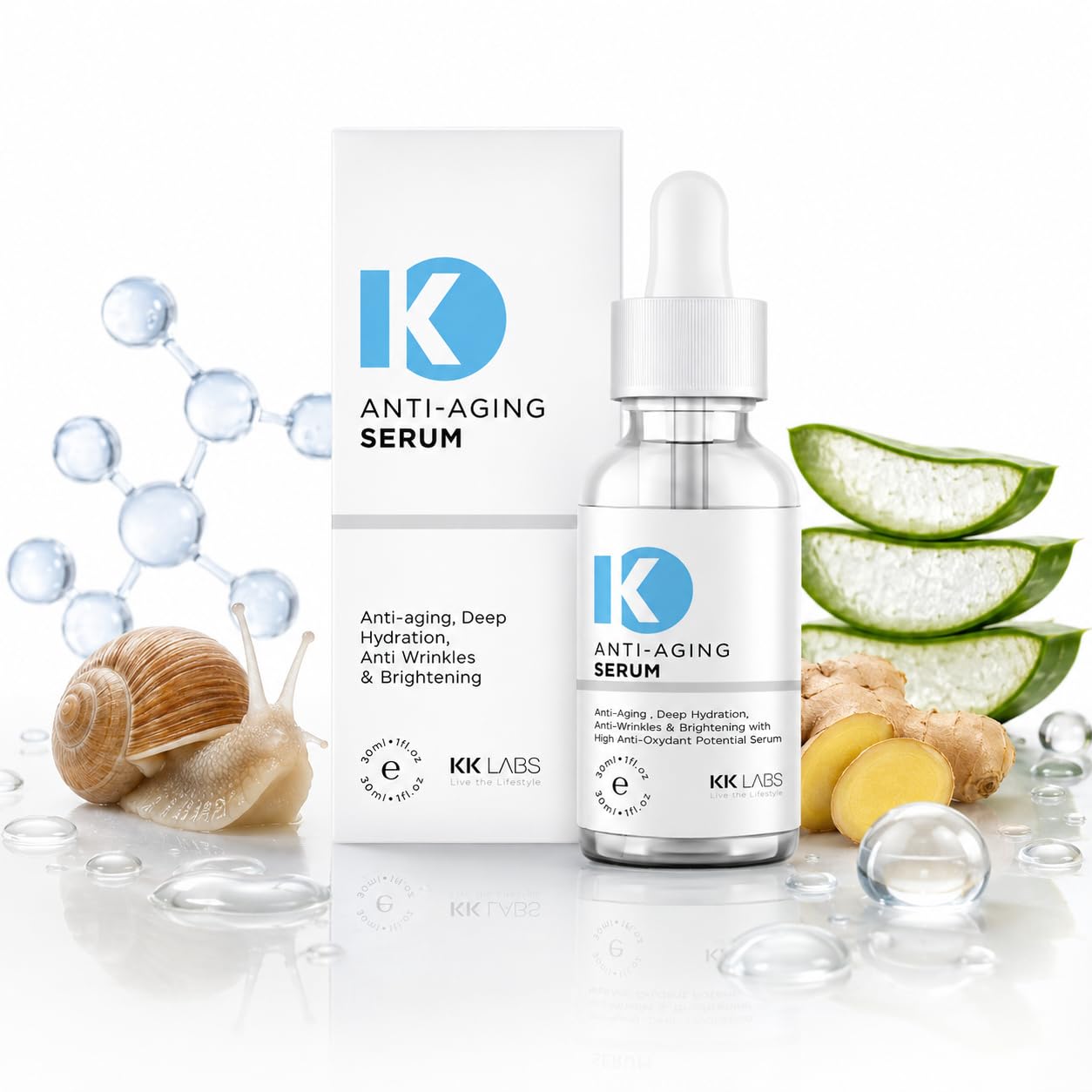 KK Labs Anti-Aging Face Serum 30ml - Lightweight Daily Serum to Target the Look of Fine Lines and Dullness for Smoother, Firmer-Looking, More Radiant Skin, Layers Under Moisturiser