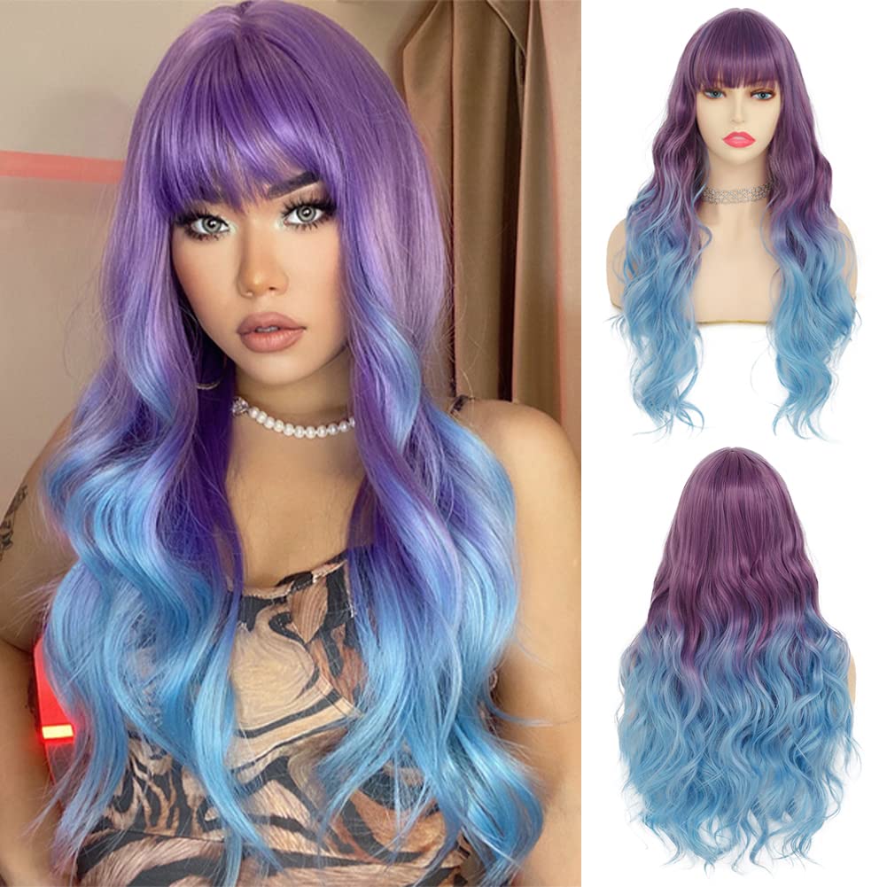 Purple to Blue Long Curly Wigs for Women Ombre Purple Synthetic Hair Natural Looking Wavy Wig Halloween Cosplay Hair Wig(Purple/Blue)