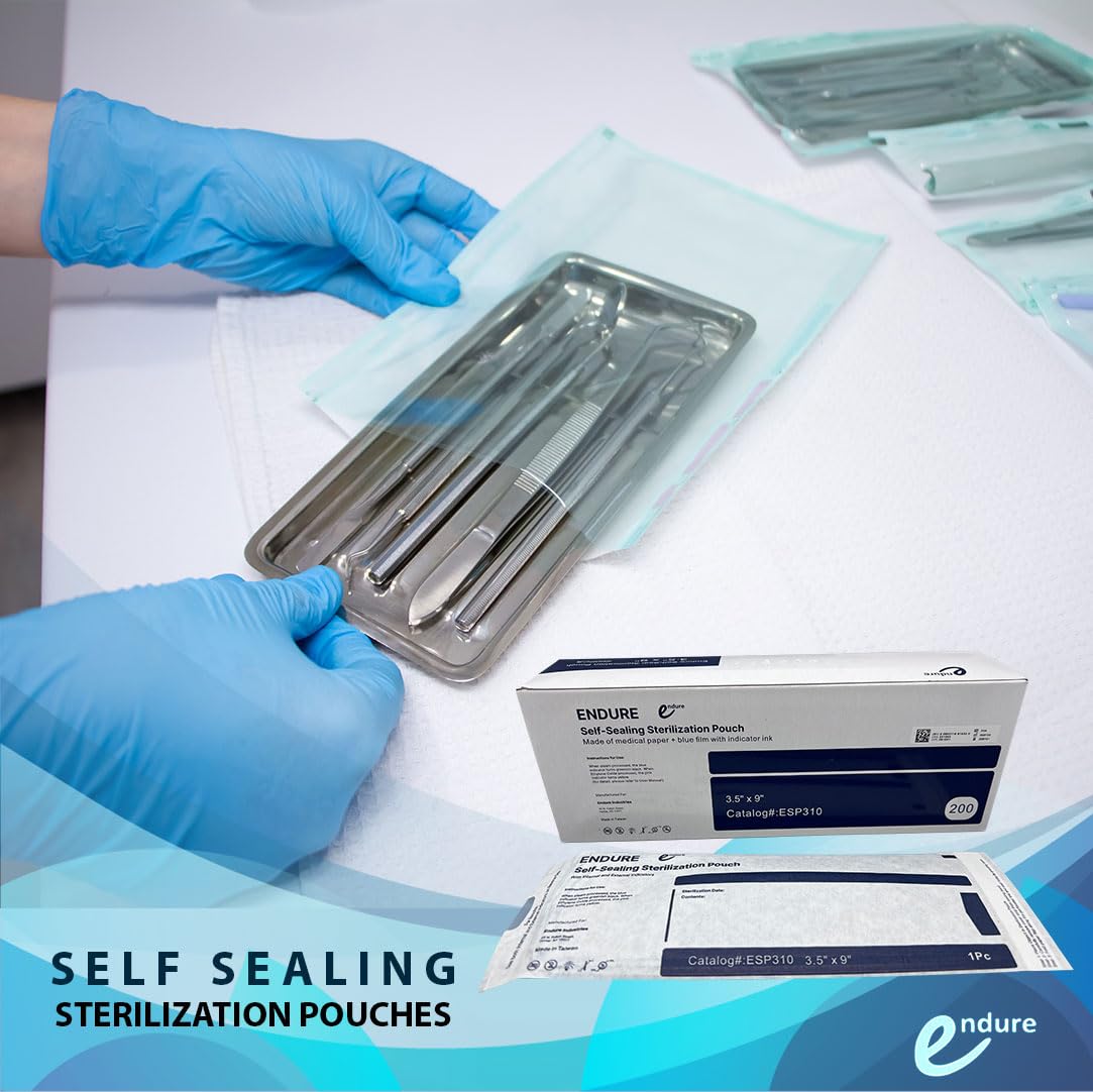 Endure Blue Self Seal Sterilization Pouch for Cleaning Tools, 5.5" x 16" Autoclave Sterilizer Bags, 200 Pouches Per Box, 1 Box of Paper Film, 140 x 422 mm