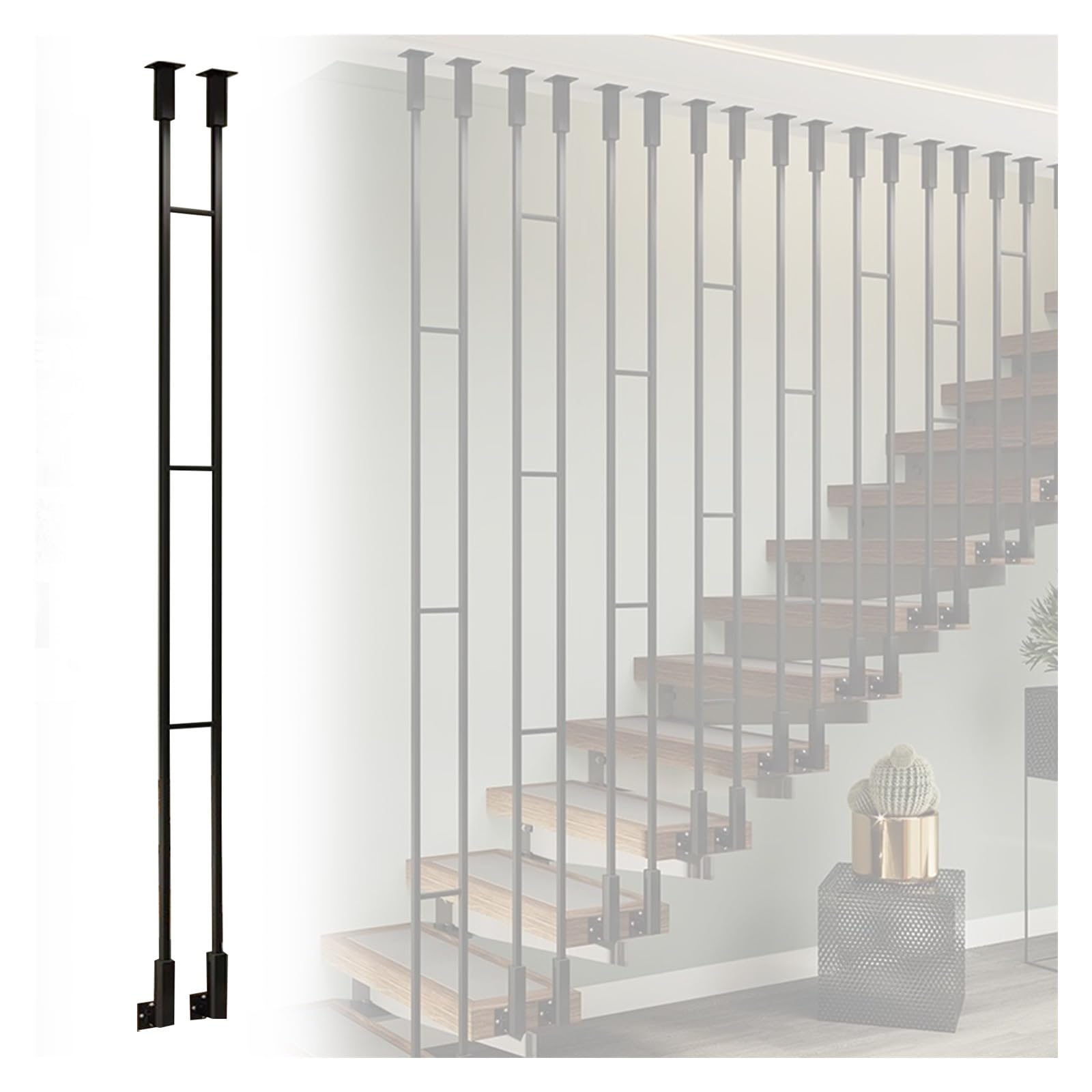 Ringhiera Per Scale Balaustra in ferro battuto a due file per scale interne, colonna di recinzione di sicurezza montaggio laterale, per soppalchi ville(Black 1pc,H 90"/229cm)