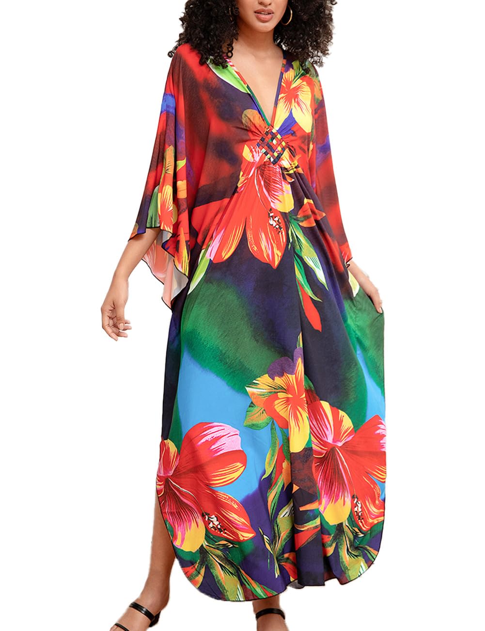 Snyemio Kaftan Vestido Largo de Playa Mujer Maxi Pareo Floral Verano Túnica Boho Talla Grande Kimono