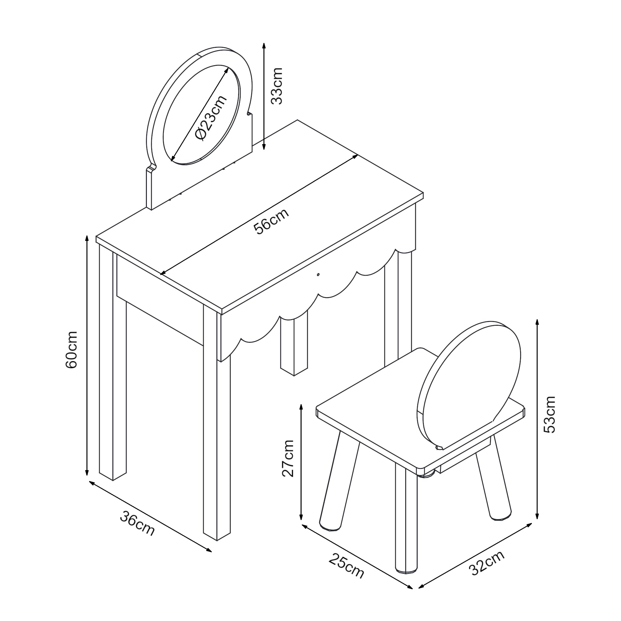 [en.casa] Set di Tavolo da Trucco per Cameretta con Specchio Rotondo e Sedia Tavolino da Toeletta Scrivania con Cassetto e Sgabello per Bambini - Rosa/Bianco