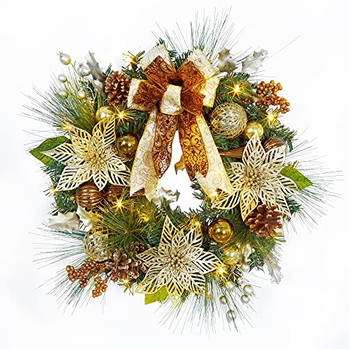 24" Prelit Christmas Wreath with Lights, Battery Operated Xmas Garland with Decorations, Wreath for Front Door Porch Wall Window Fireplace Outdoor Home Holiday Accent