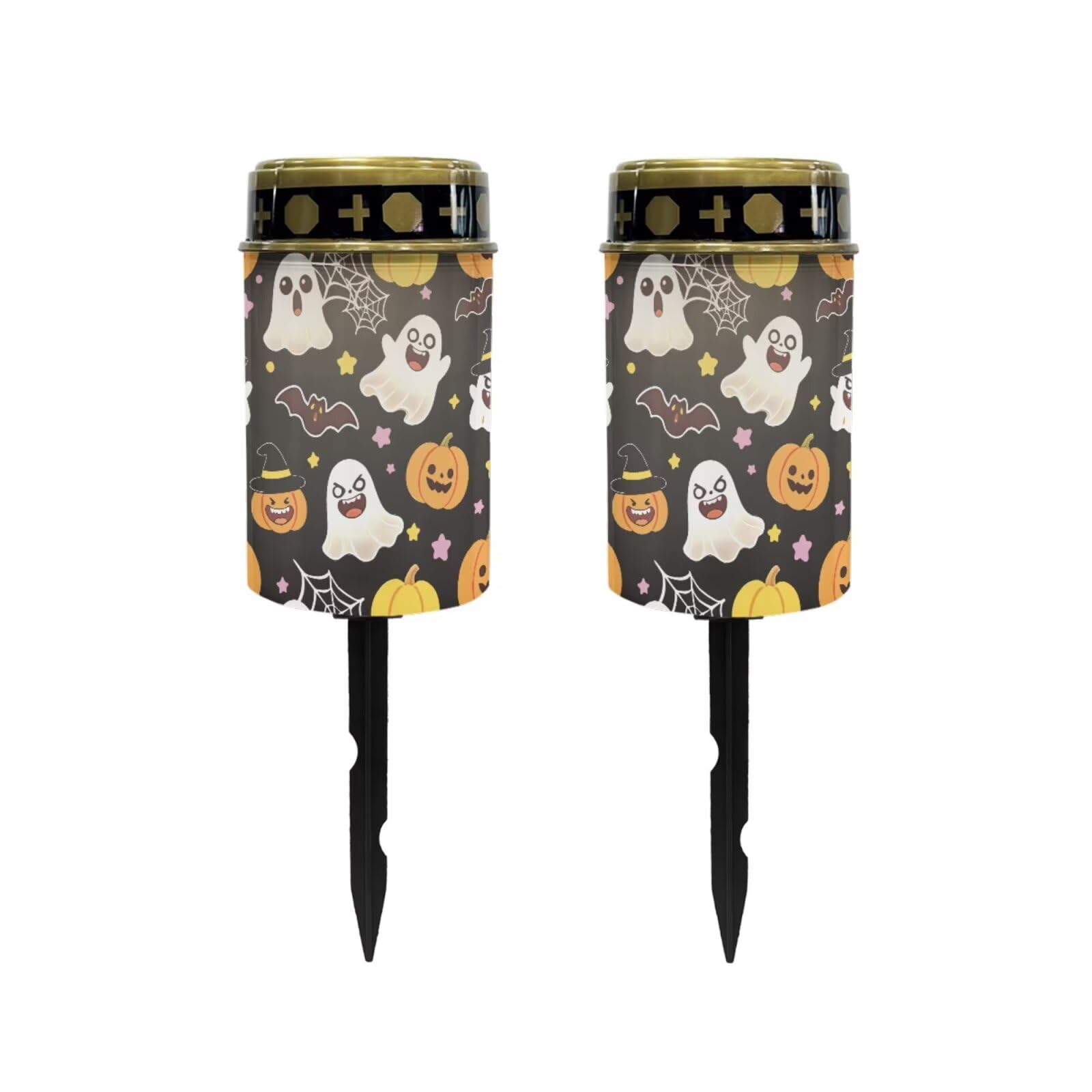 Poceacles Flameless Candle Solar Powered Grave Outdoor Lights Cemetery Candle Flameless Fake LED Pillar Lights Outdoor Halloween Decoration, Cute Ghost Pumpkin Bat Print Black, Pack of 2
