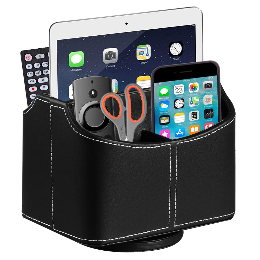 Arniche PU Leather Remote Control Holder,360 Degree Spinning Desk TV Remote Caddy,Desk Organizers and Accessories,for Controller,Media,Mail,Calculator