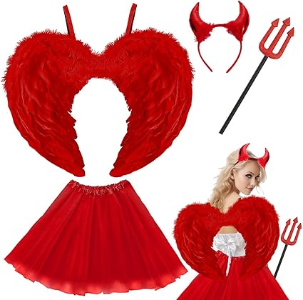 Kit Accessoires Déguisement Ange & Démon Halloween - Bandeaux, Gants, Baguette, Fourche - Pour Filles Et Femmes