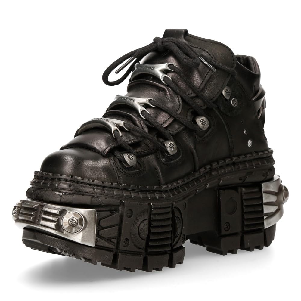 New Rock Stivali Unisex Suola TANK con lacci Colore Nero Pelle/Unisex Black Boots Leather Shoelaces M.WALL106-S10