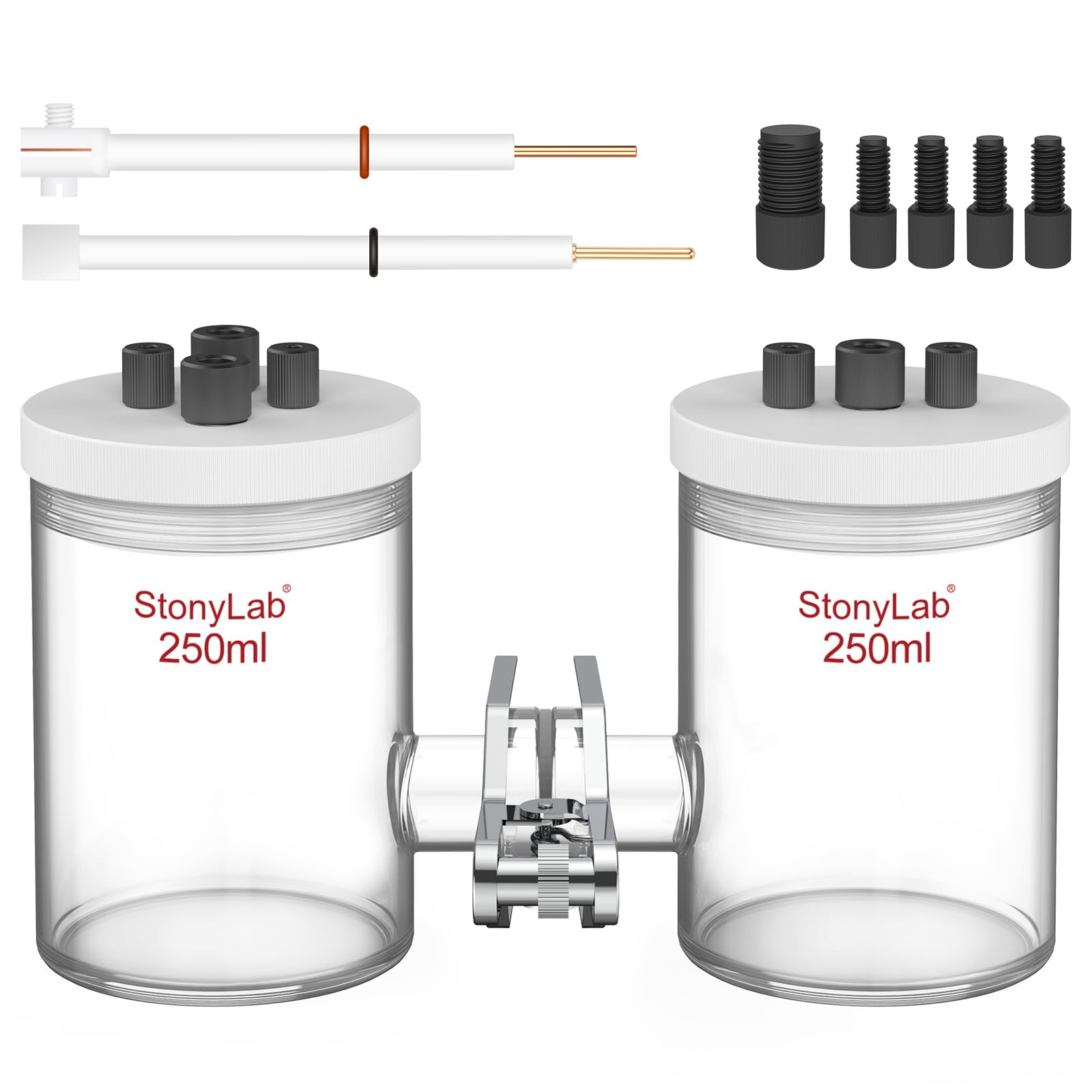stonylab H-Typ-Elektrolytzellen, Borosilikat Austauschbar Ionenaustauscher-Membran-Elektrolyseur Abgedichtete Elektrochemische Zellen mit PTFE-Deckel und Elektroden, 250 ml