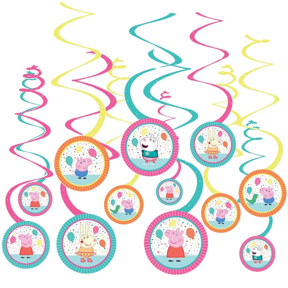 Amscan 672626 Multicolor Peppa Pig Party Hanging Swirls Decoration | 12 Pcs