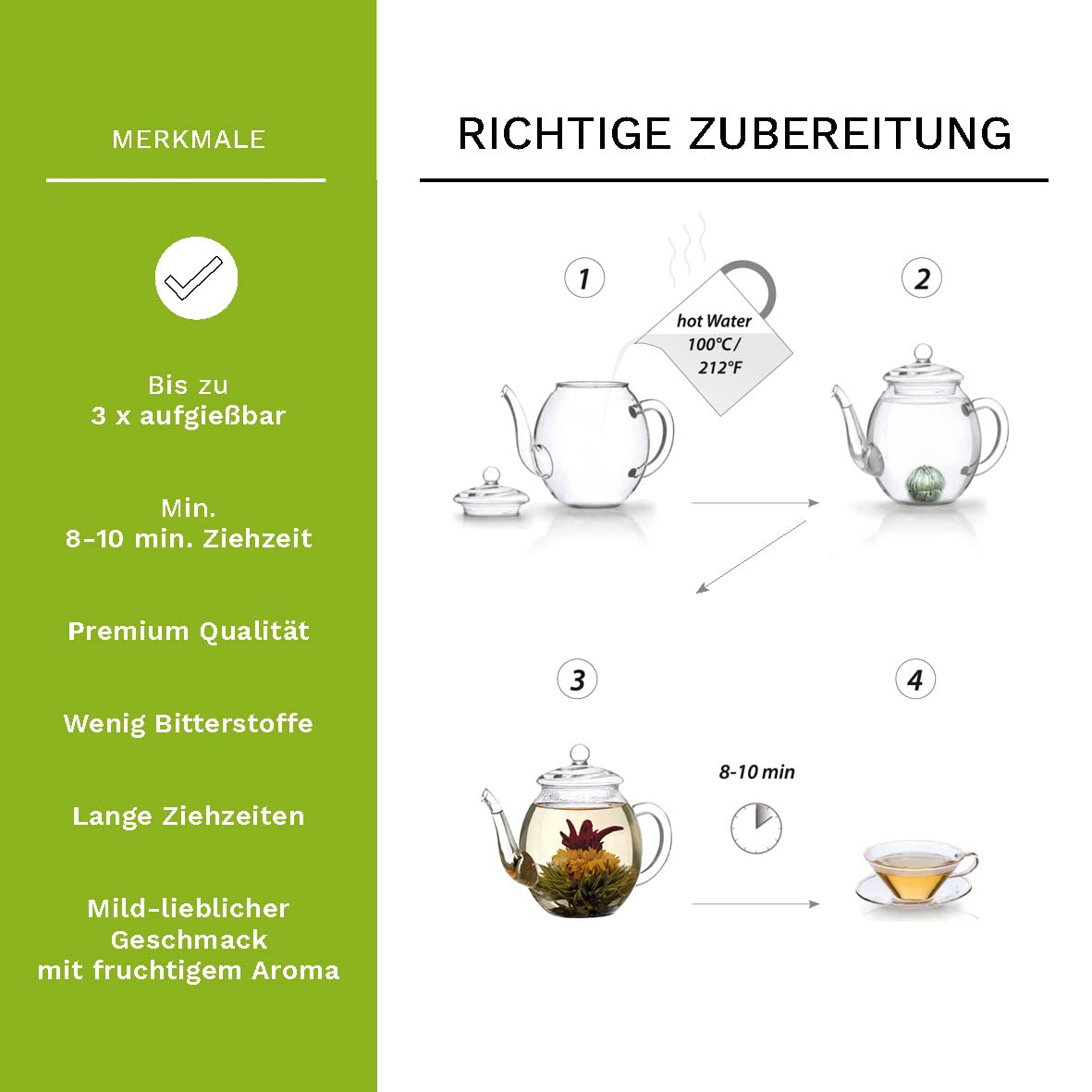 Creano Teeblumen Geschenkset in Teekiste aus Holz, 12 Erblühtee in 6 Sorten grüner Tee fruchtig aromatisiert, Fruity Flavor, Teerosen Tee Geschenk für Frauen