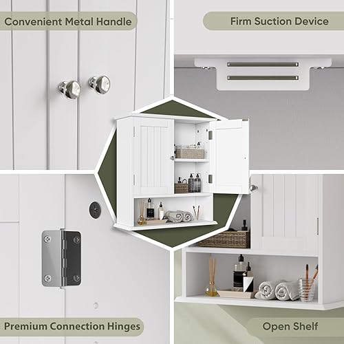 Miniatura 5 de Smuxee Armario de baño blanco montado en la pared, pequeño botiquín de baño con 2 estantes ajustables de puerta, armario de pared de baño sobre