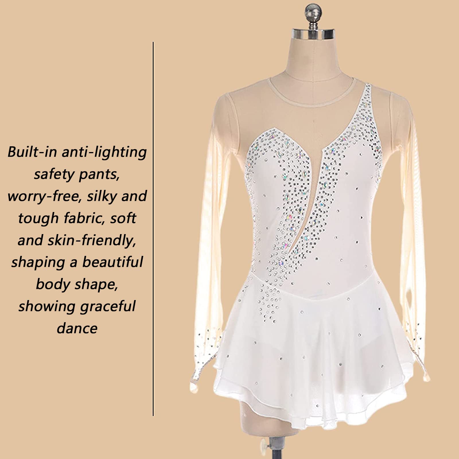 Robe Danse Femme - Manches Longues, Strass, Maille Transparente, Pour Patinage, Ballet, Lyrique