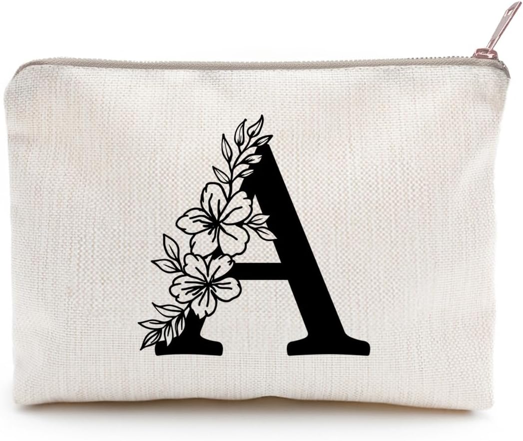 LICOBG Personalized Monogram Floral Initial Cosmetic Bag - Compact Travel Makeup Toiletry Bag, Natural Linen, Secure Zipper