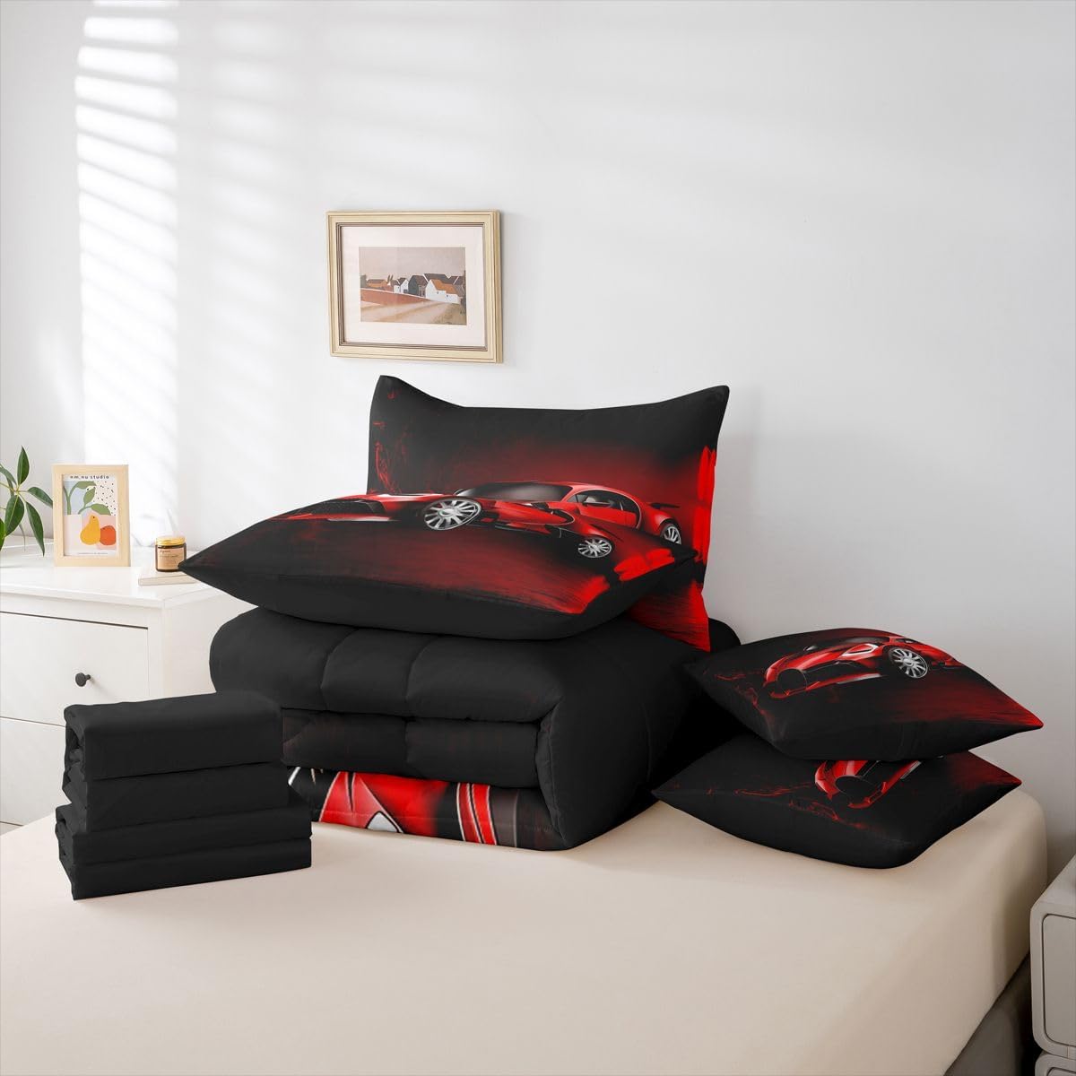 Feelyou Sports Car 7 Piece Bedding Set Red Race Car Comforter Set with Sheets for Kids Boys Girls Extreme Sports Theme Bed in a Bag Cool Speed Luxury Car Decor Bed Set with 2 Pillowcases Full - Image 6