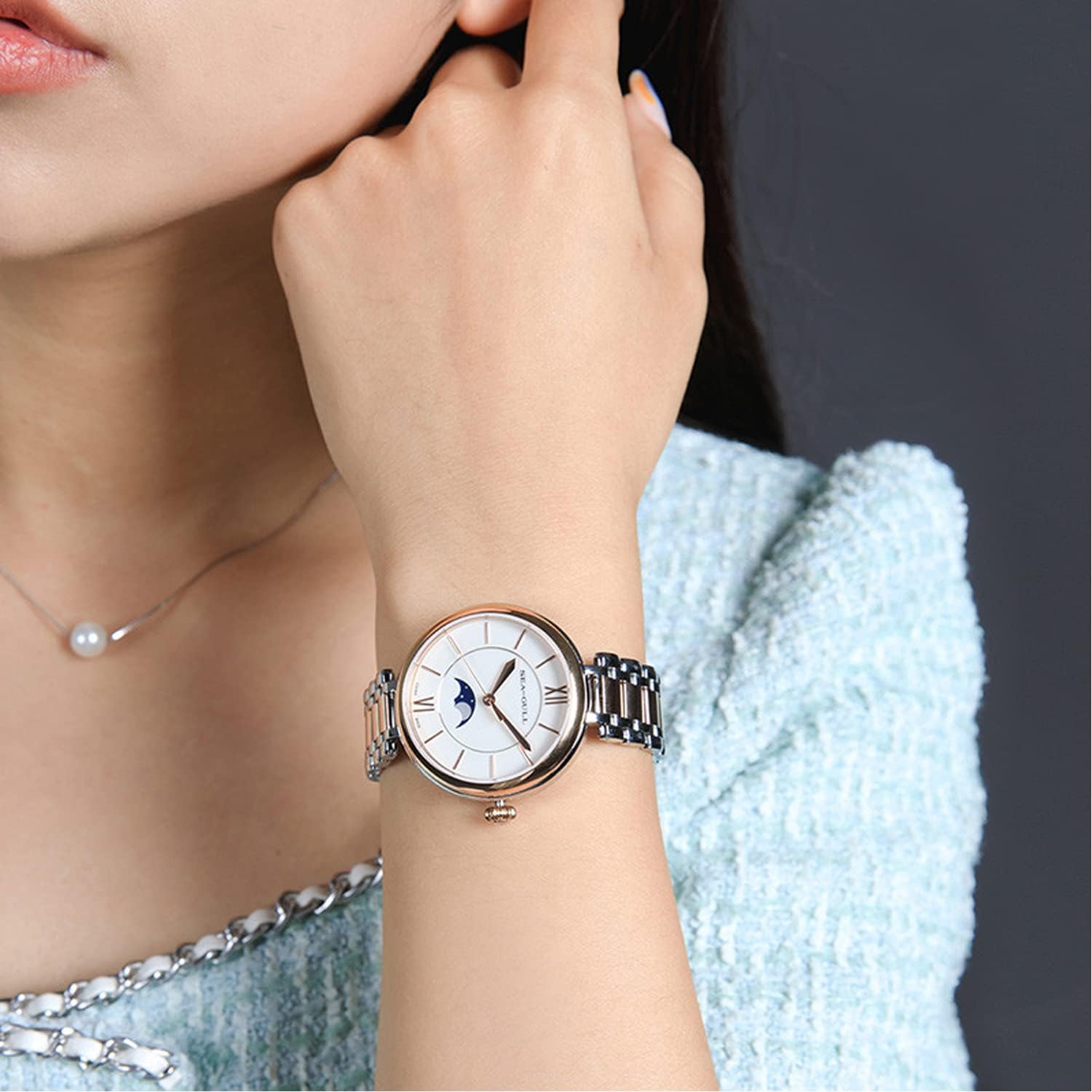 2022 New Seagull Women's Watch Moon Phase Scale Fashion Simple Ladies Automatic Mechanical Watch, bracelet image 4