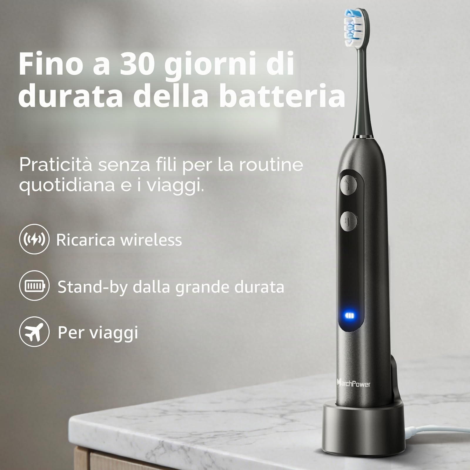 Marchpower 3-in-1 Spazzolino Elettrico e Idropulsore con Oscillazione a 46°, 3+4 Modalità, IPX7 Spazzolino Elettrico Professionale con Serbatoio Magnetico da 155 ml, 2 Testine di Ricambio, Grigio